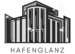 HafenGlanz Logo mit Gebäudeillustration und dem Slogan 'Wir glänzen, damit Sie glänzen'