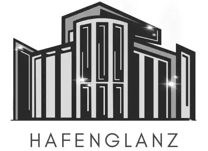 HafenGlanz Logo mit Gebäudeillustration und dem Slogan 'Wir glänzen, damit Sie glänzen'